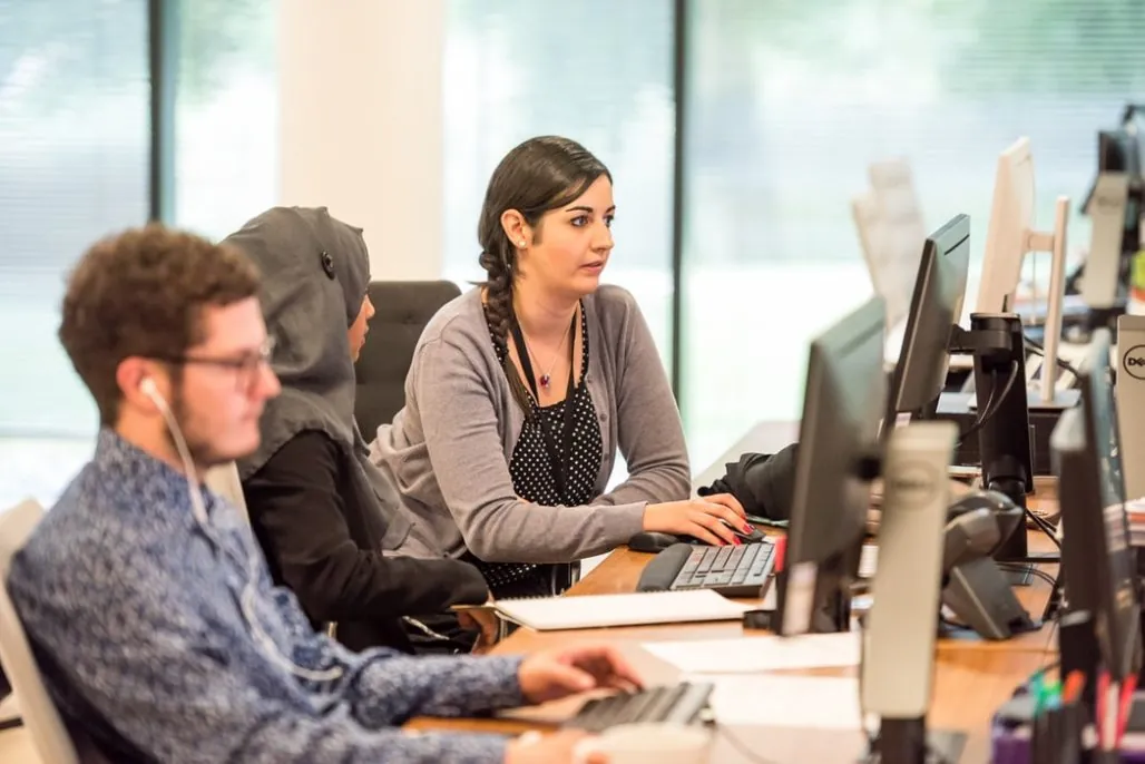 Company culture - employees working in shared workspace on computers