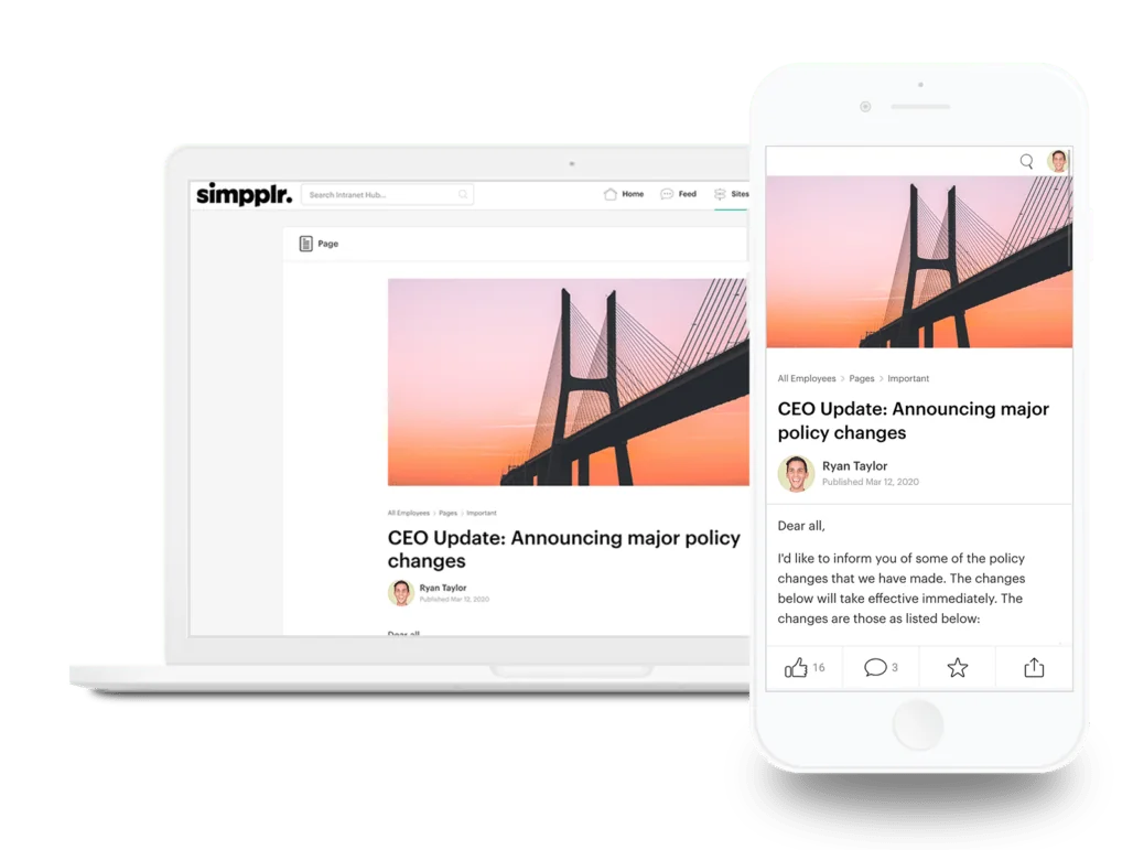 Remote work: Simpplr employee intranet page on mobile and desktop