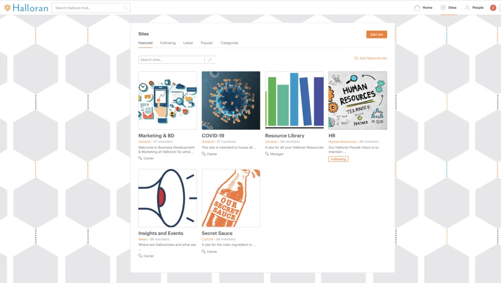 Simpplr case study - intranet example homepage of Halloran