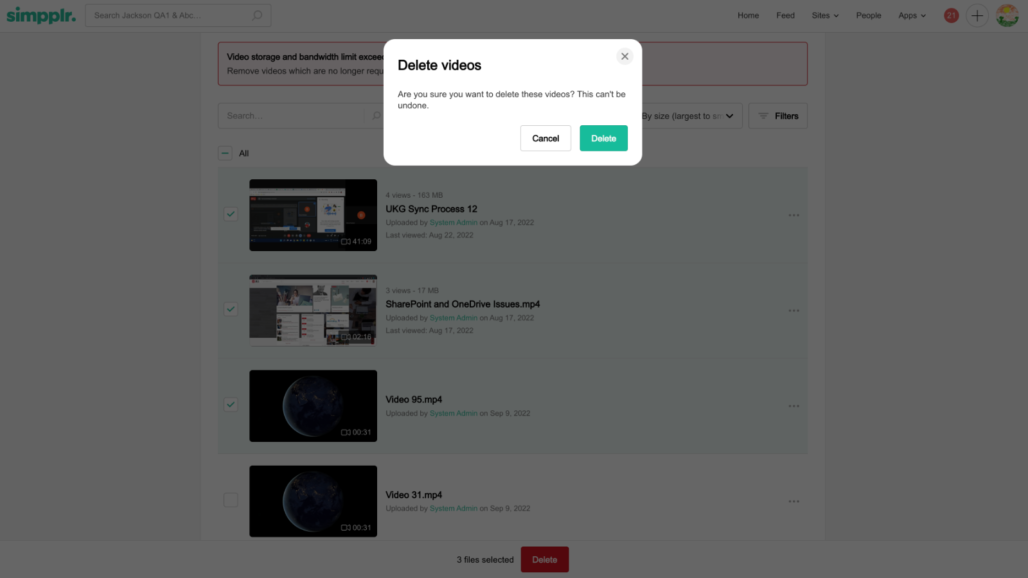 Simpplr intranet warning for deleting videos