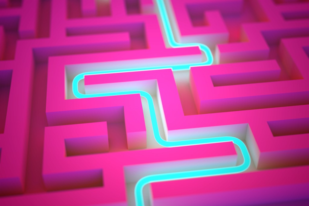 Pink maze showing a blue neon exit path in the middle
