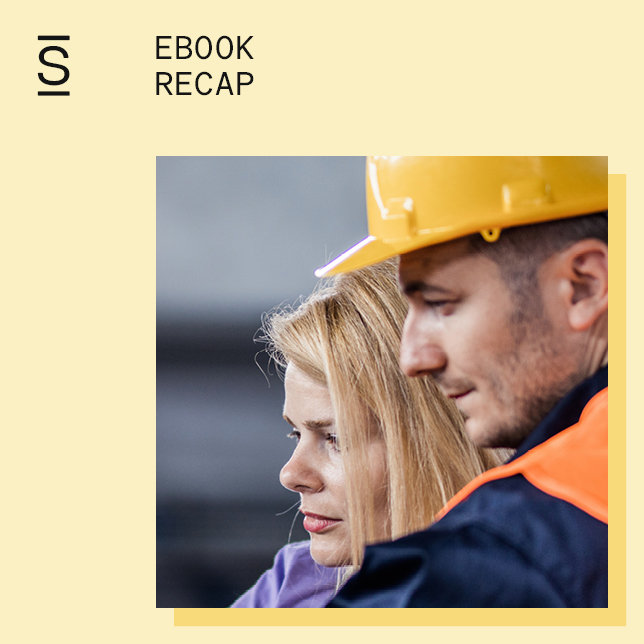 Frontline workers ebook recap - construction worker with hardhat speaking with female employee
