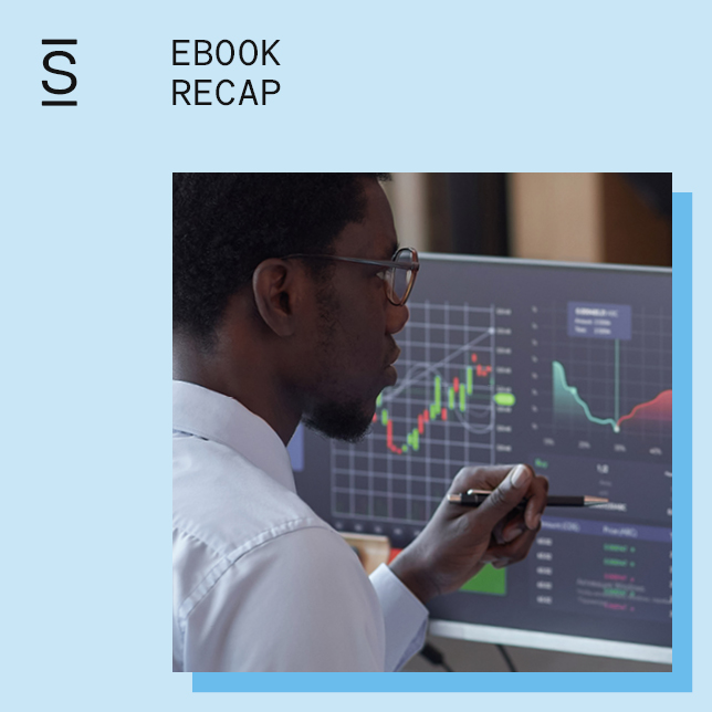 Financial services employee ebook recap, man looking at computer screen with graphs