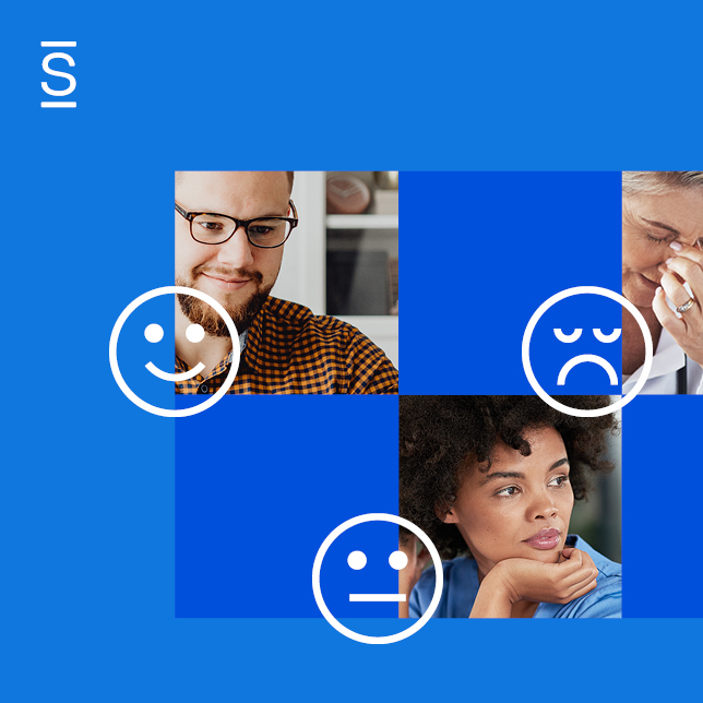 Measuring employee sentiment - headshots of three employees showing three different emotions (satisfied, neutral, unhappy or distressed)