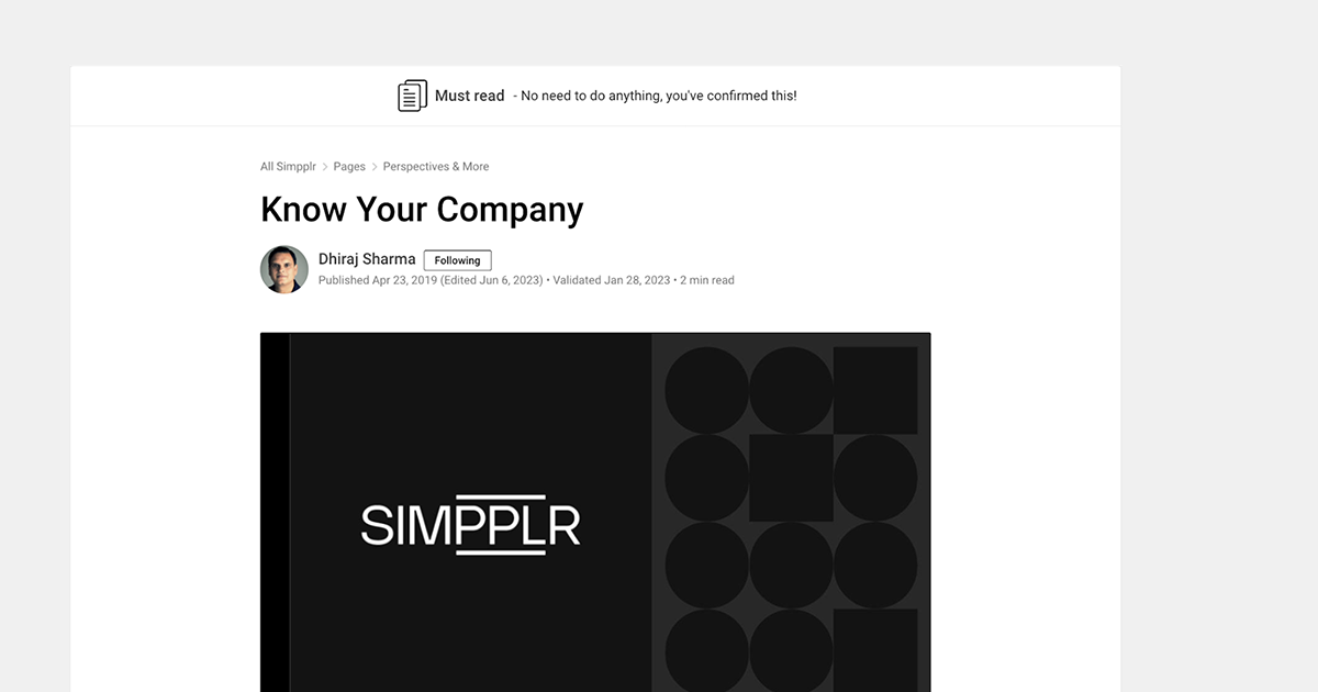 Intranet Example: Vision, mission and values content linked to Simpplr’s all-company site