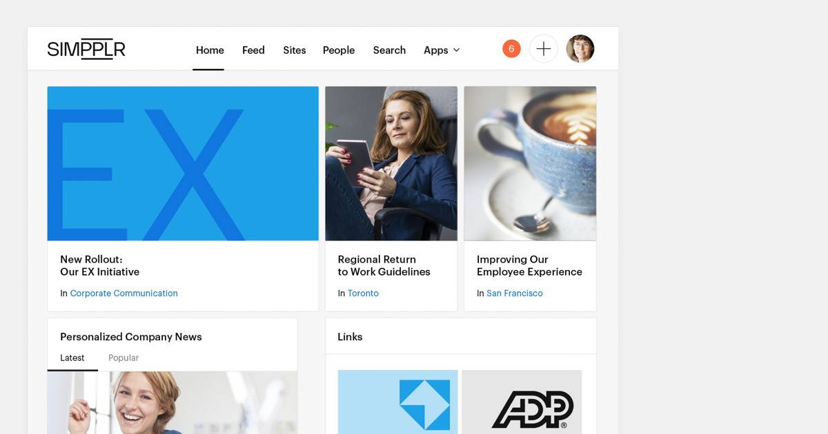 Tech debt elimination - Simpplr intranet homepage showing three articles on employee experience
