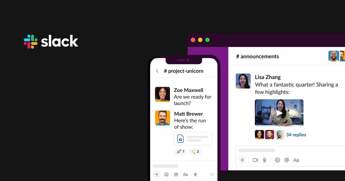 SharePoint alternatives - Slack messaging app homepage on desktop and mobile phone