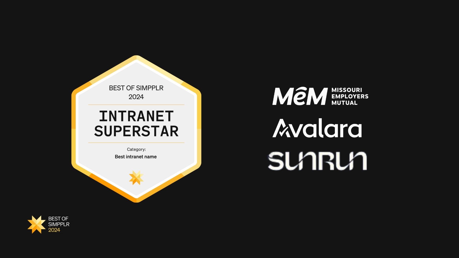 Best of Simpplr 2024 intranet contest winners - Best intranet name: Avalara, Sunrun, Missouri Employees Mutual (MEM)