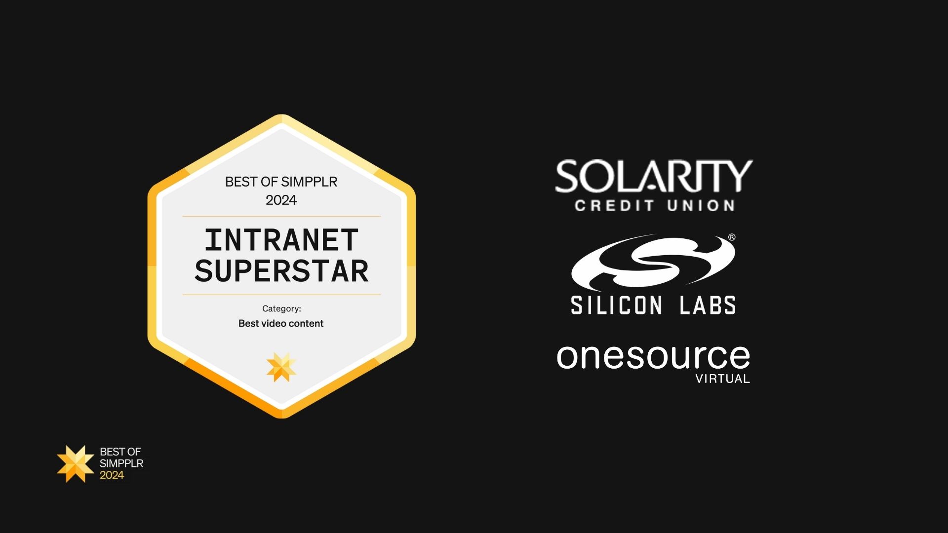 Best of Simpplr 2024 intranet contest winners - Best video content: Solarity Credit Union, Silicon Labs, OneSource Virtual
