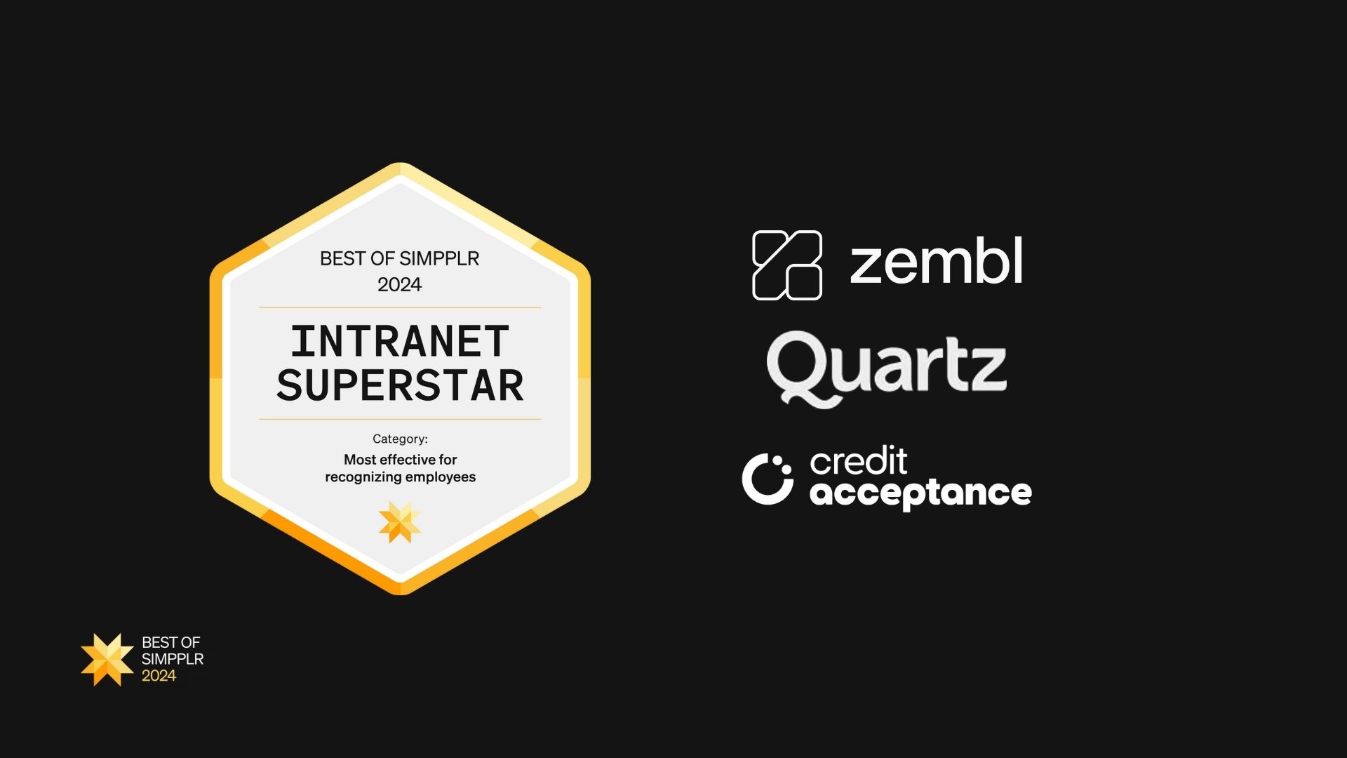 Best of Simpplr 2024 intranet contest winners - Most effective for recognizing employees: Quartz Health Solutions, Credit Acceptance, Zembl