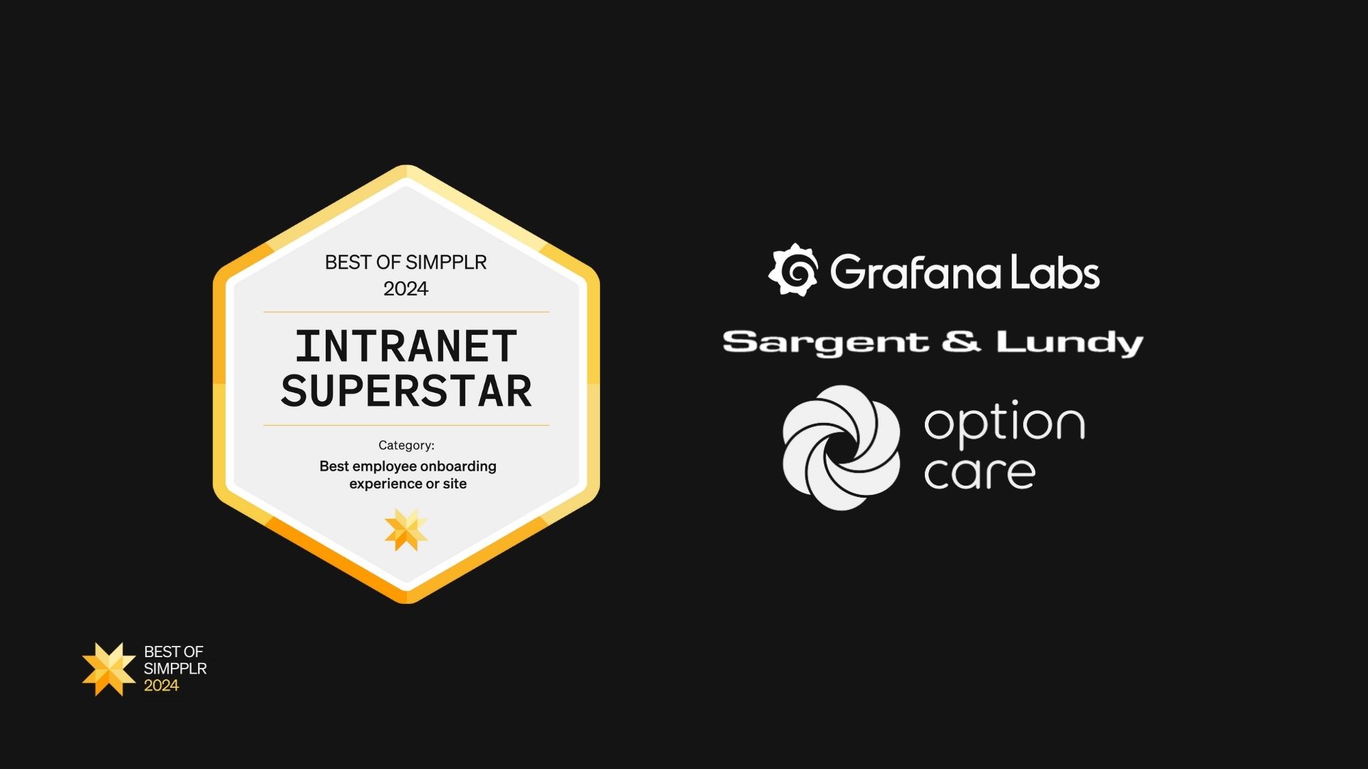 Best of Simpplr 2024 intranet contest winners - Best employee onboarding experience or site: Grafana Labs, Option Care Health, Sargent & Lundy