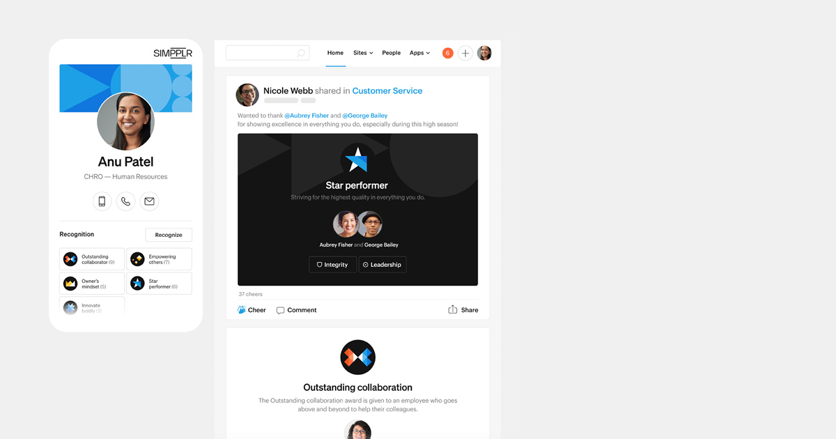 Simpplr intranet screenshot of post recognizing an employee