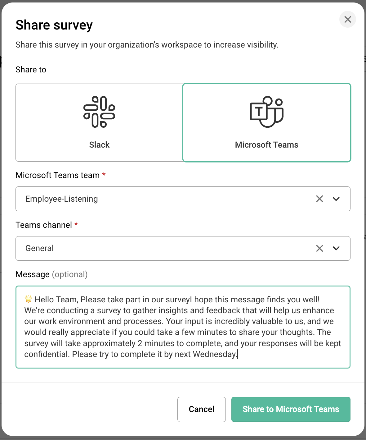 Simpplr spotlight - links for sharing a survey to Slack or Microsoft Teams