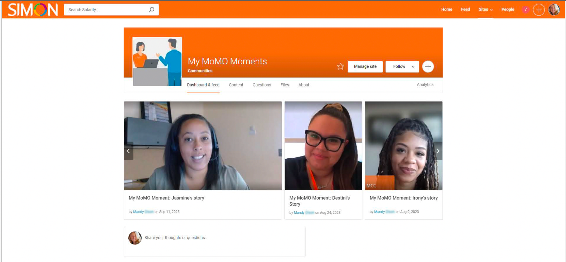 Solarity Credit Union produced the “My MoMO Moments” video series on their intranet, SIMON, to help employees engage more deeply with the company’s four Measures of Member Obsession.