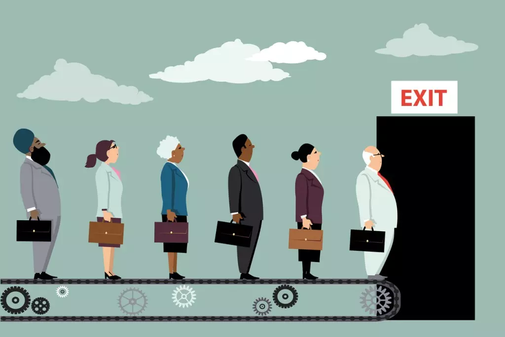 Employees on a conveyer belt headed for the exit used as a metaphor for the Great Resignation 1024x684 1