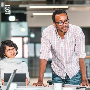 Communication styles - male and female employee collaborating and communicating with each other