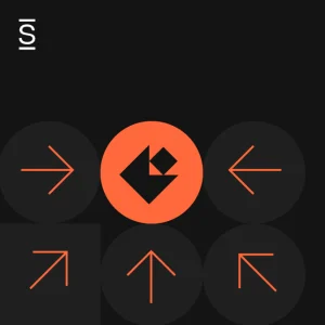 Virtual assistant - four black circles and one black square with orange arrows pointing at virtual assistant logo