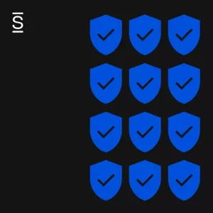 Software supply chain - 12 blue shields with check marks in them