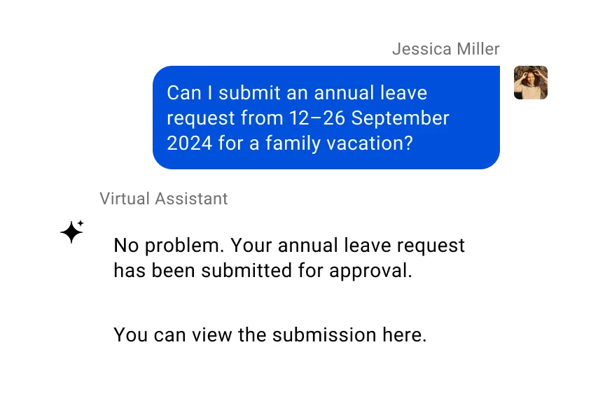 Simpplr AI assistant in conversation with an employee regarding annual leave request.
