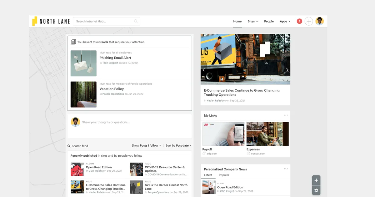 Intranet best practices - North Lane's Simpplr employee intranet homepage