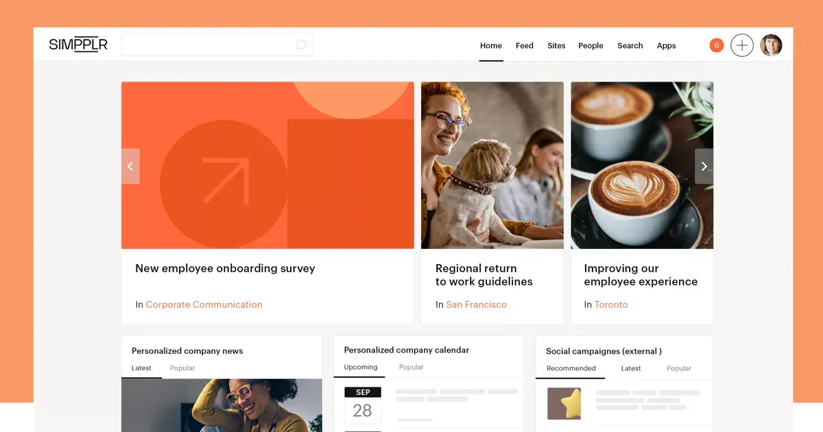 Visual content - Simpplr intranet homepage showing link to employee onboarding survey, along with other links related to employee experience