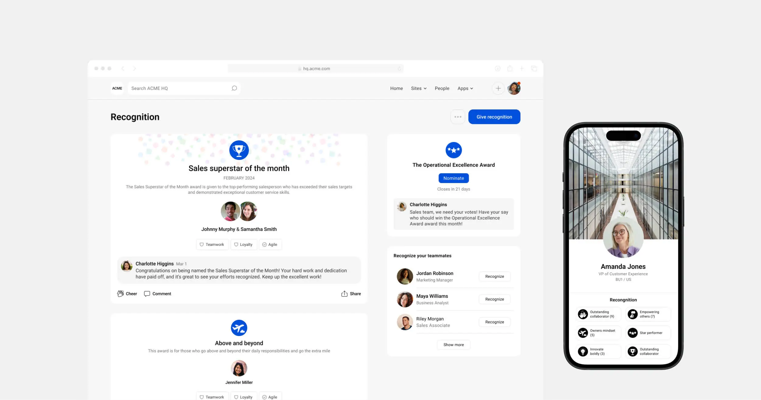 Employee appreciation assessment - Simpplr intranet recognition bulletin and mobile intranet profile of executive