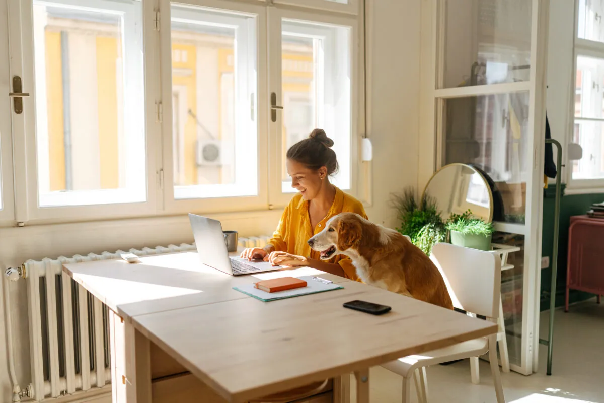 Work-life balance: a woman working from home on laptop alongside dog