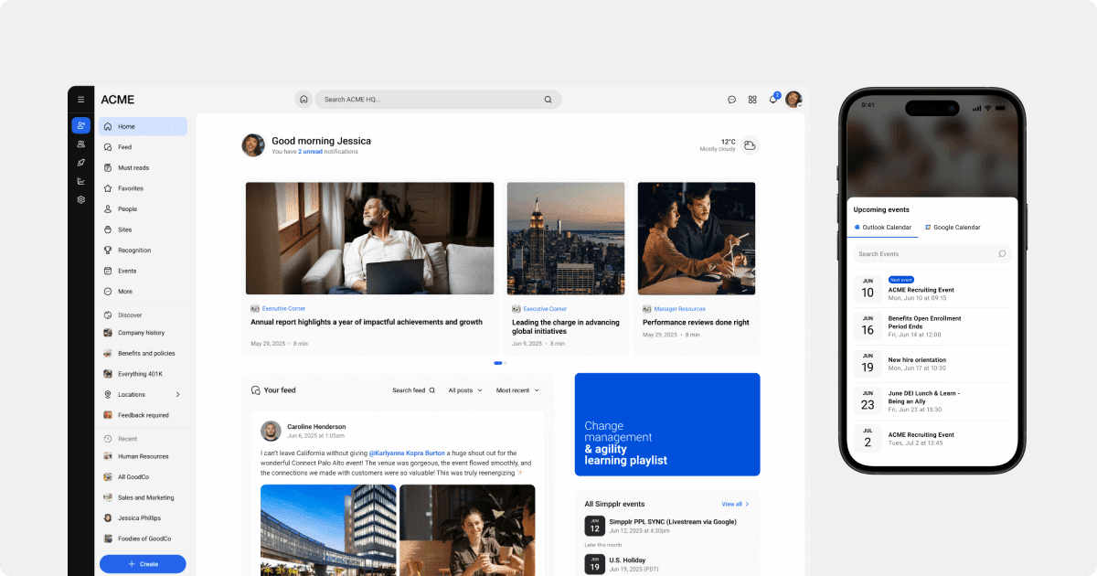 Simpplr Modern Intranet - homepage desktop and mobile
