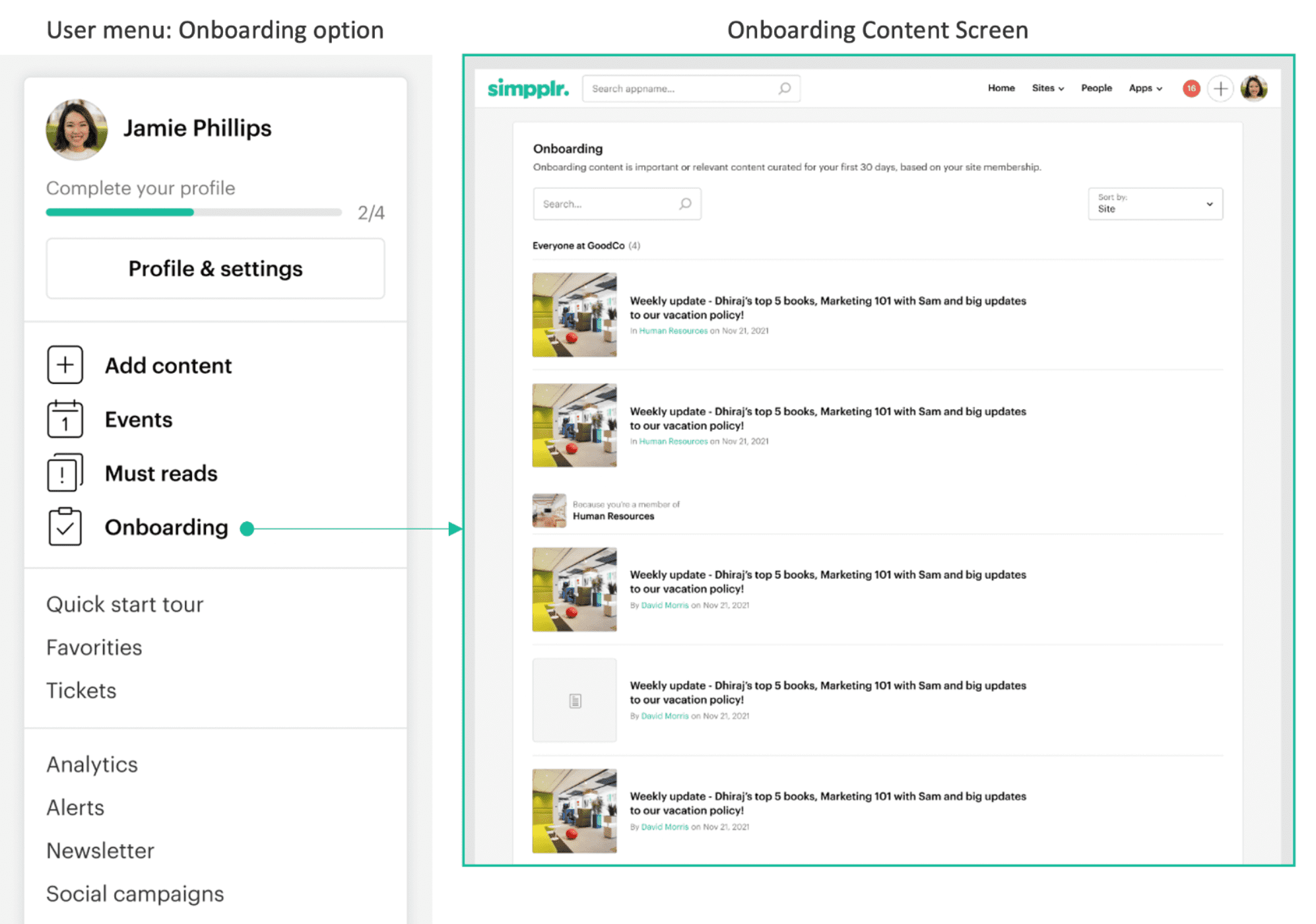 Employee journey- Simpplr intranet onboarding content screen.