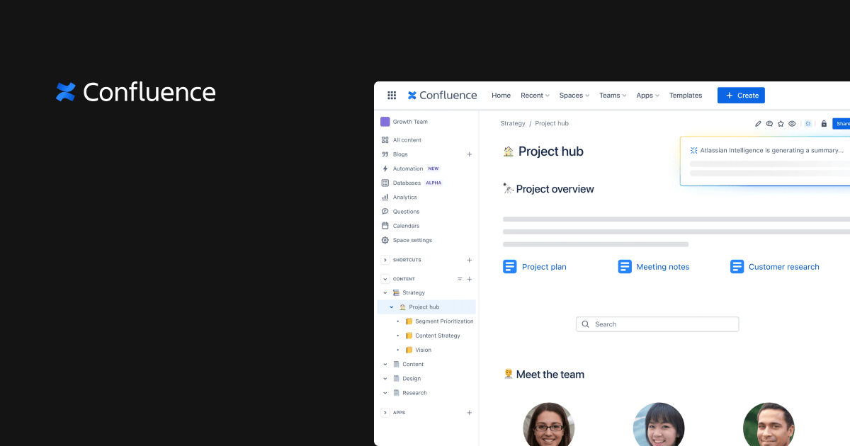 Internal communication software: Confluence project hub's desktop view