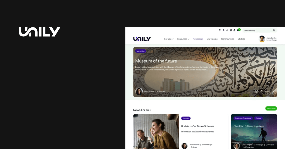 Internal communication software: Unily intranet homepage