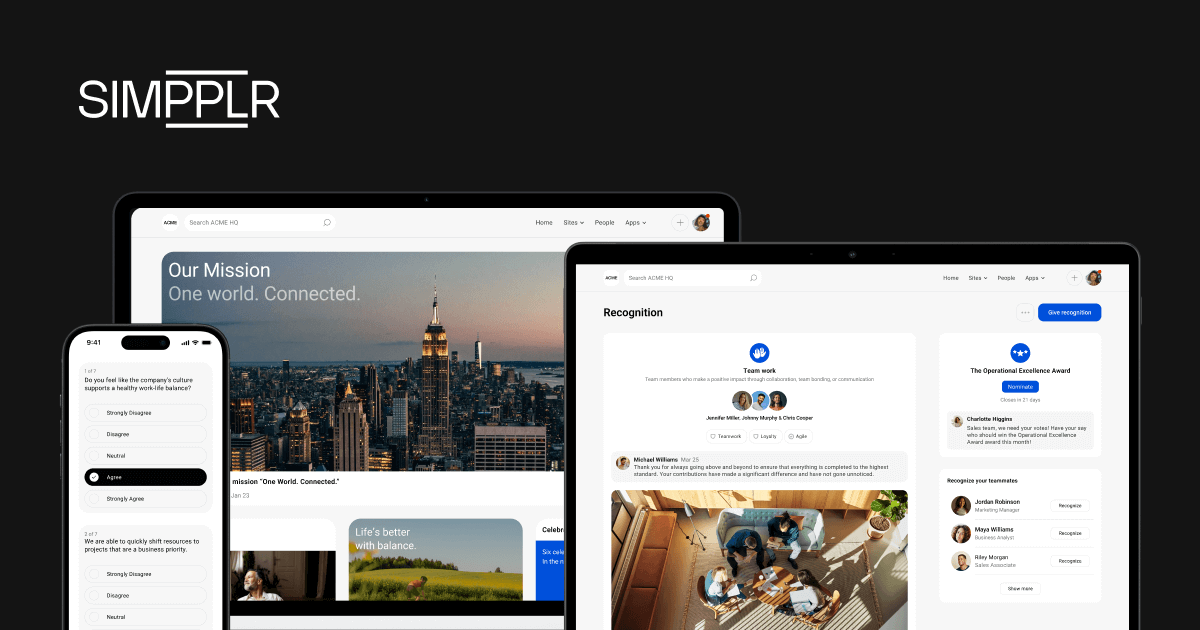 Best internal communication software: Simpplr intranet with a mobile survey, desktop homepage, and tablet recognition hub