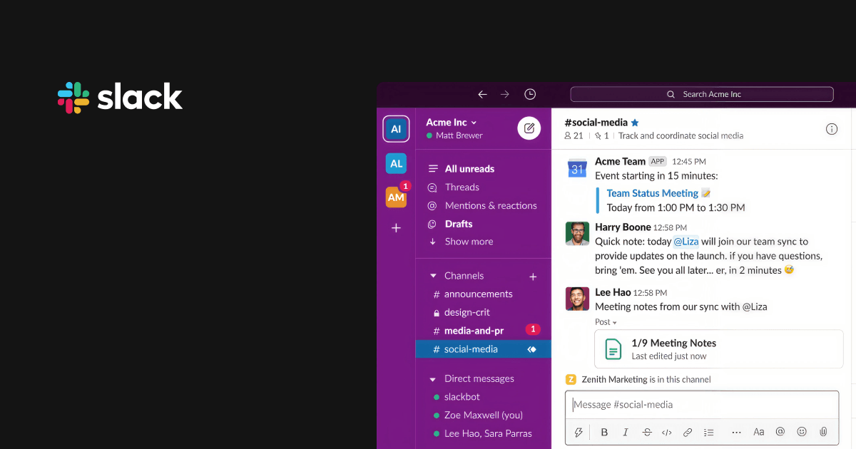 Internal communication software: Slack messaging app homepage on desktop