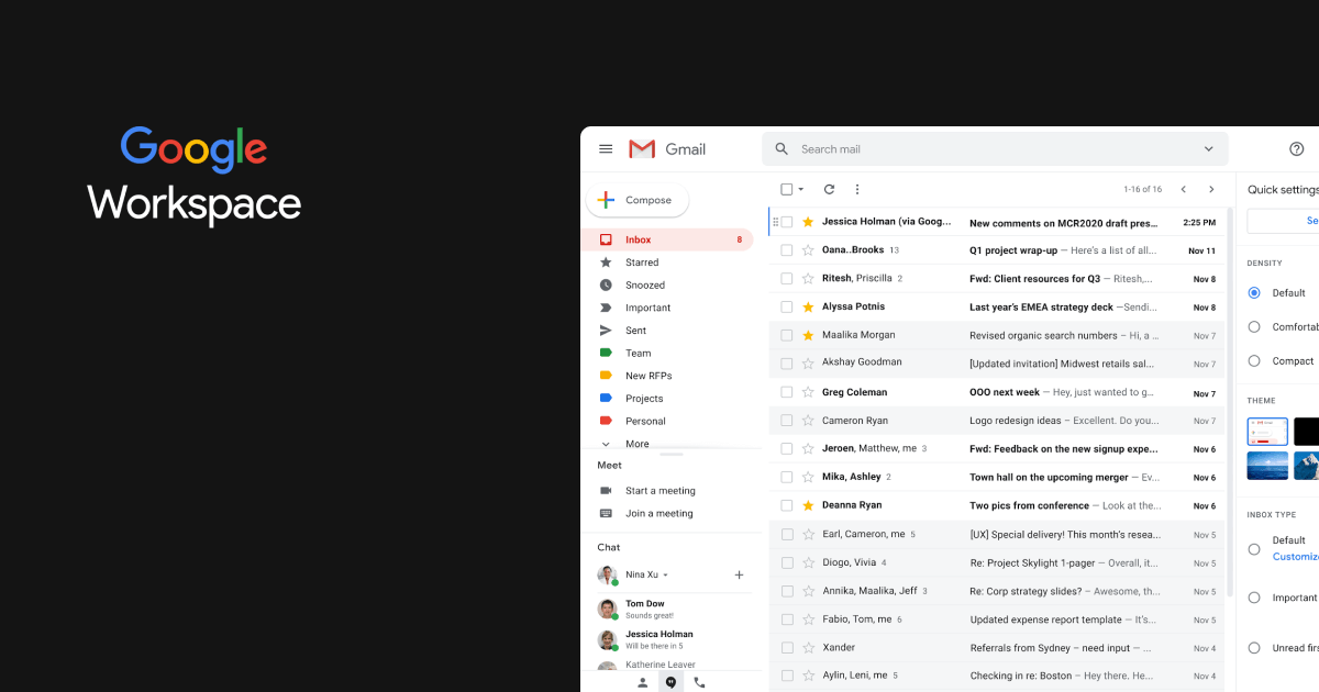 Internal communication software: Workspace's Gmail homepage
