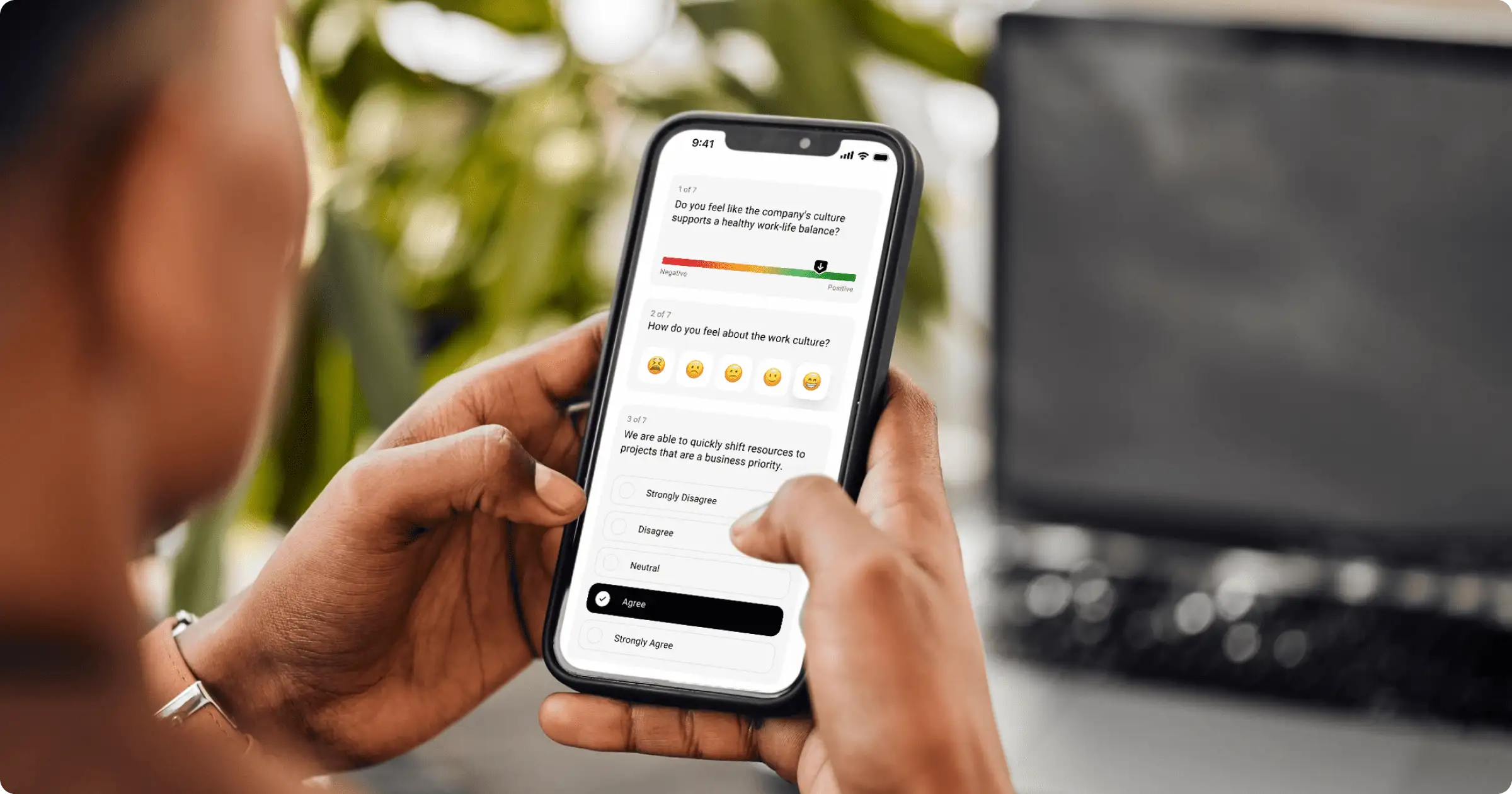 Net promoter score (NPS): A user is taking a Simpplr pulse survey, which helps decode the underlying emotions in employee feedback.