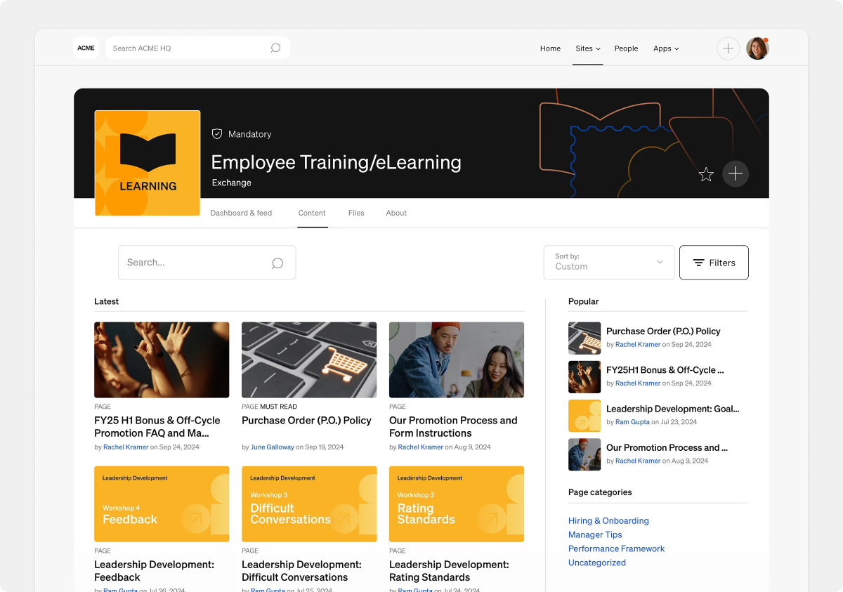 Continuous learning and employee training example on Simpplr intranet
