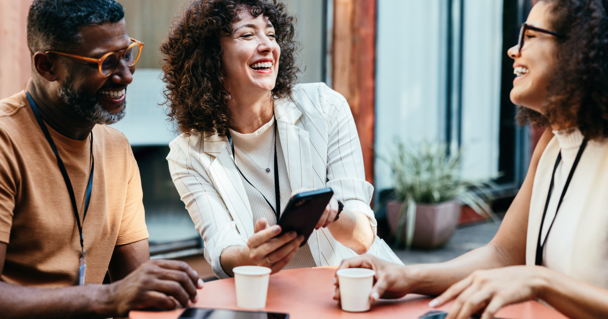 Happy and engaged employees in a connected workplace culture.