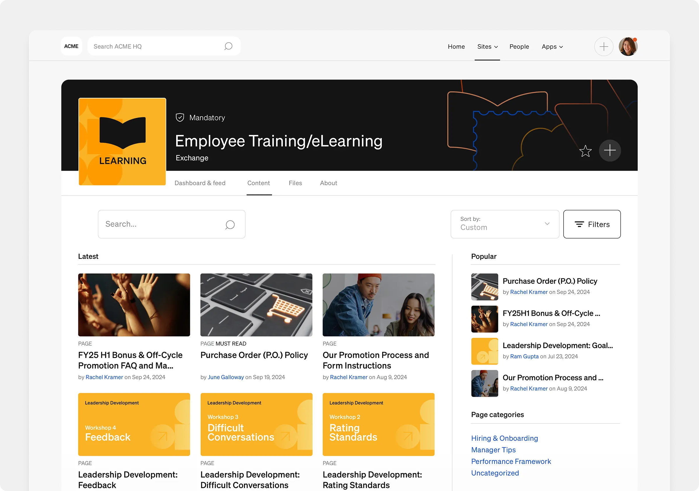 Continuous learning and employee training example on Simpplr intranet.