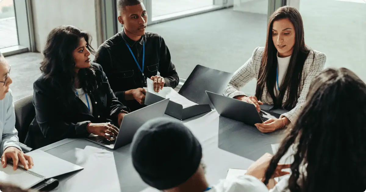 Strong corporate culture shown through a team of employees collaborating