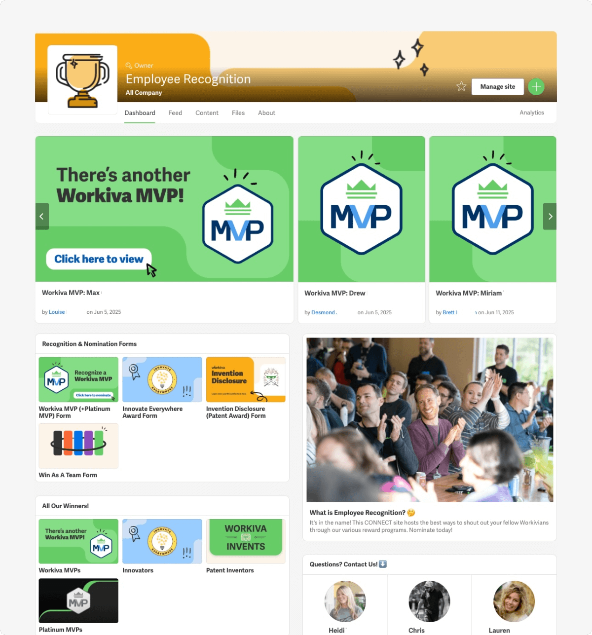 Workiva's intranet platform, Connect features employee recognition dashboard.