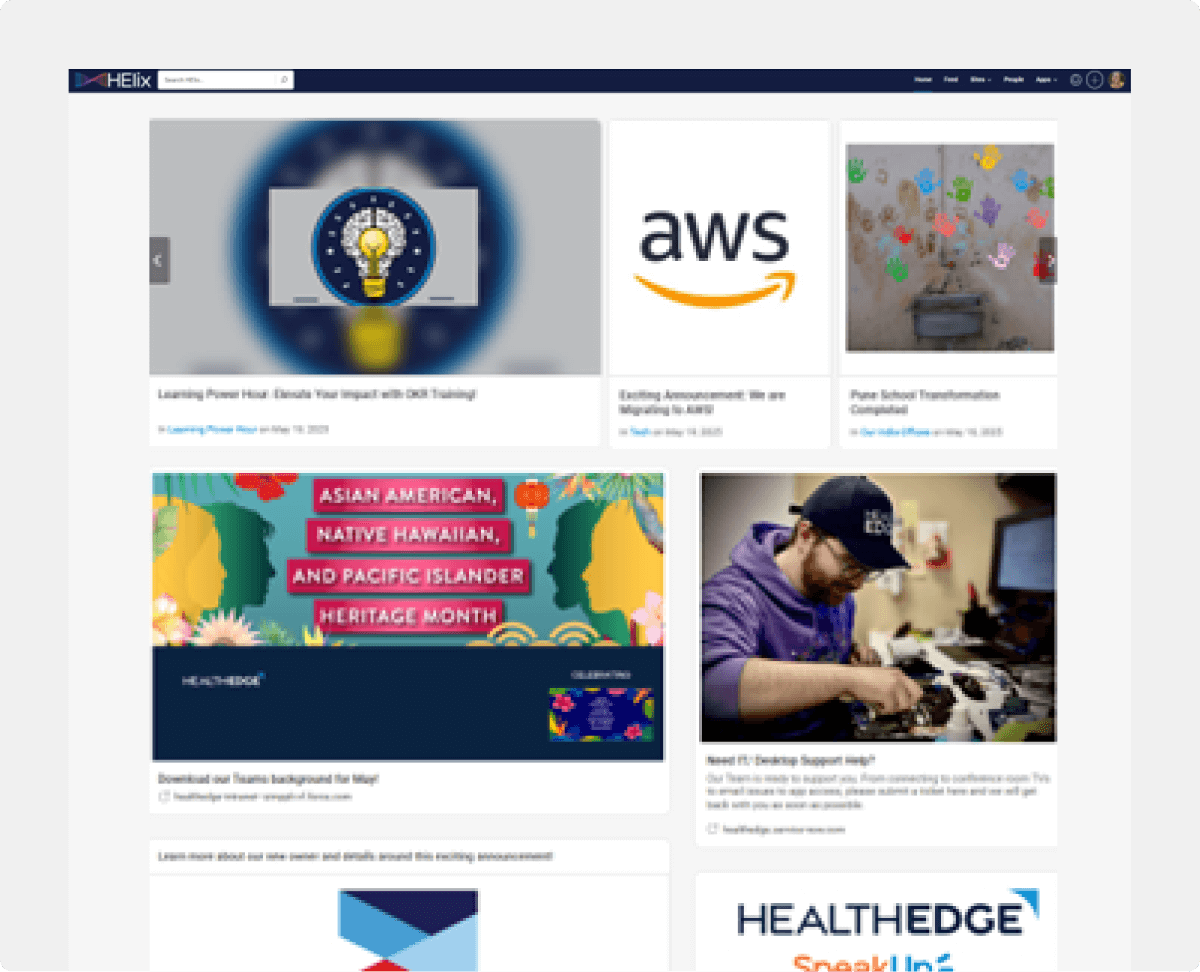 HealthEdge's global intranet, HElix homepage
