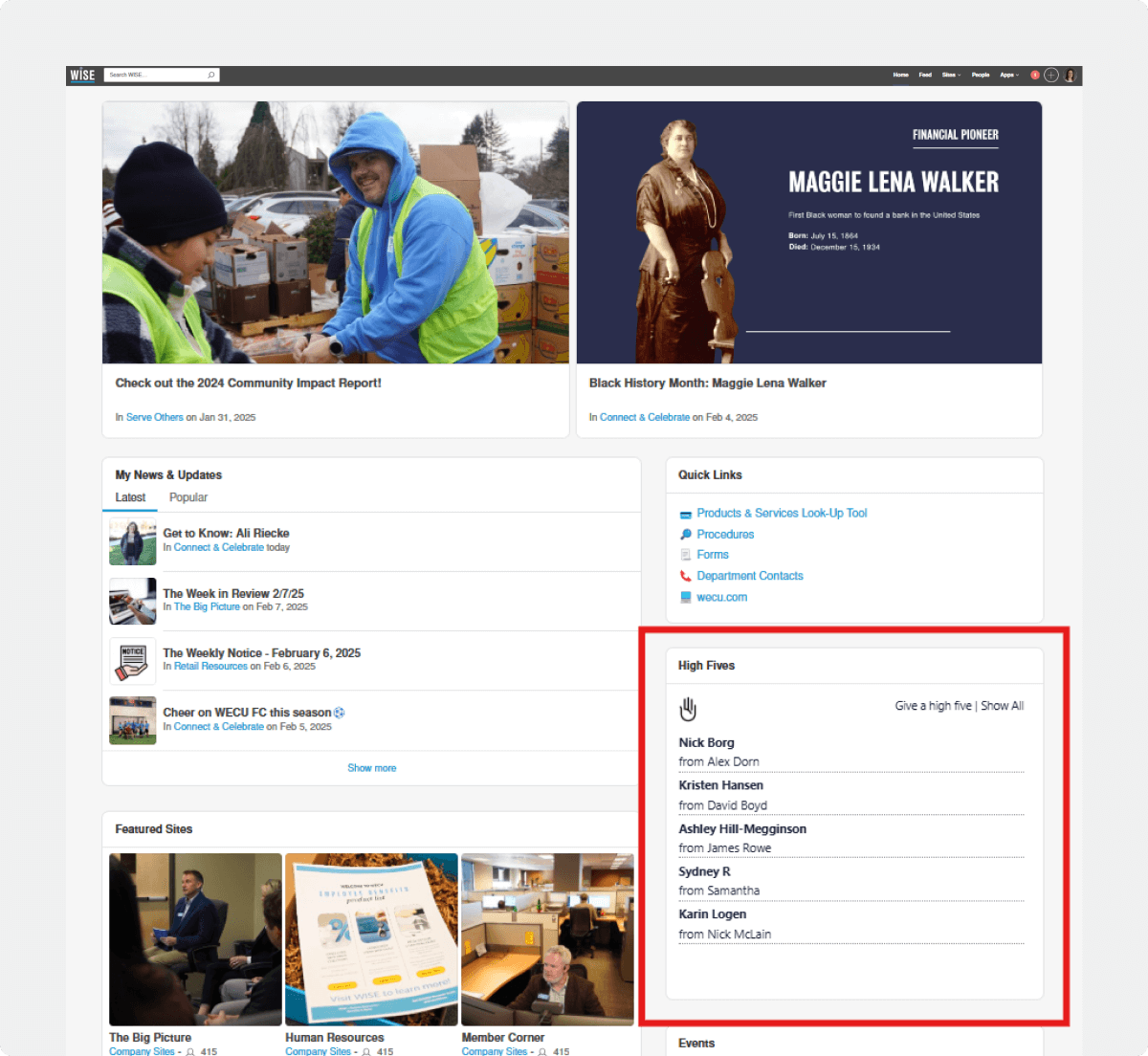 WECU'S intranet, WISE homepage