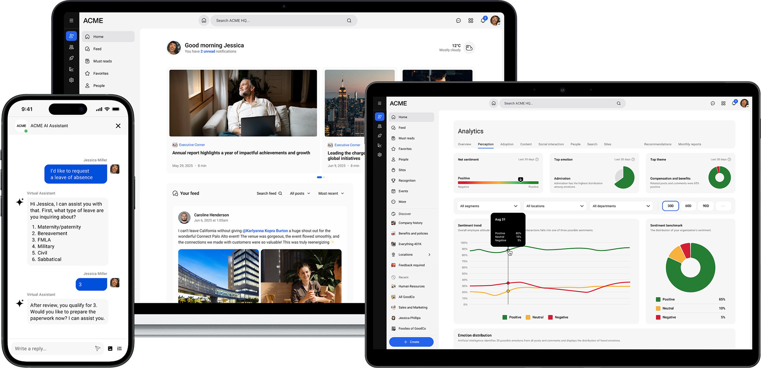 Employee intranet - Simpplr intranet mobile virtual assistant, desktop homepage, and tablet sentiment chart