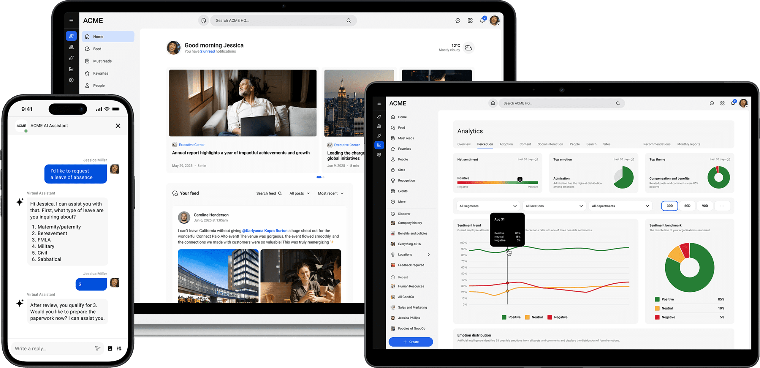 Simpplr intranet mobile virtual assistant, desktop homepage, and tablet sentiment chart