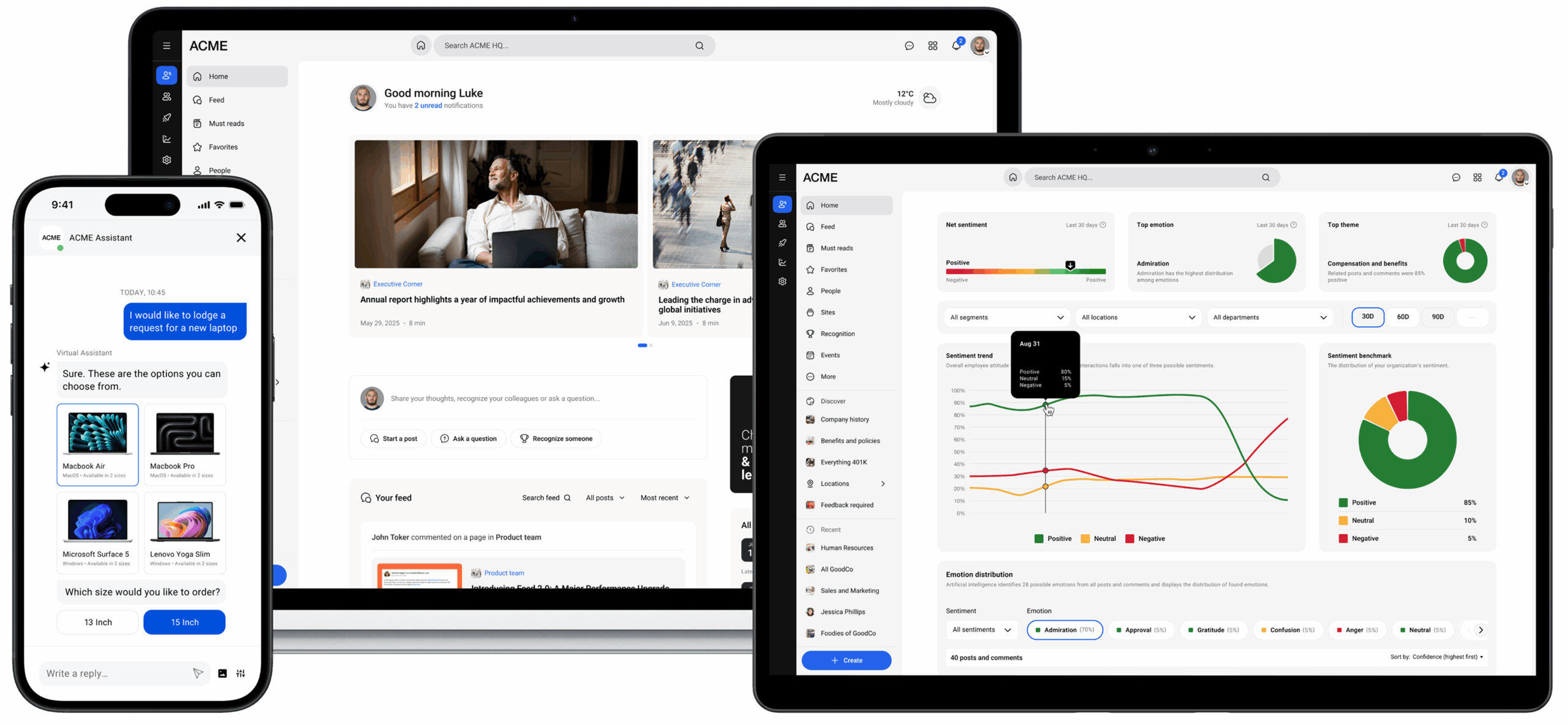 Employee intranet - Simpplr intranet mobile virtual assistant, desktop homepage, and tablet sentiment chart