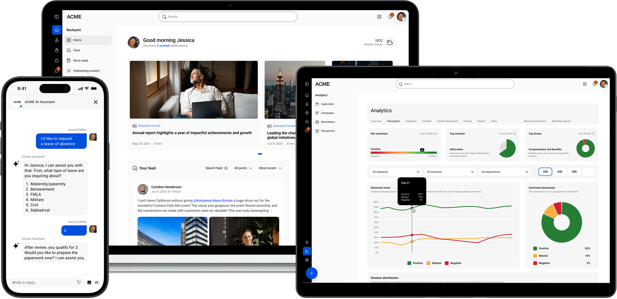 Simpplr intranet mobile virtual assistant, desktop homepage, and tablet sentiment chart