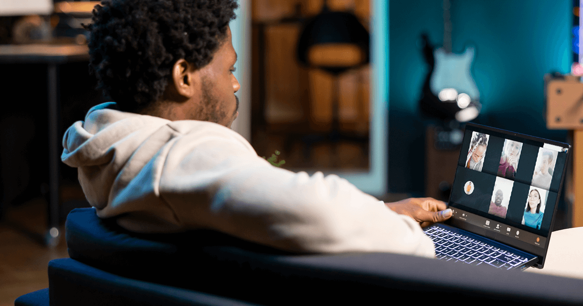 A group of remote employees looking distant and disengaged need a AI-powered technology to bridge the gap.