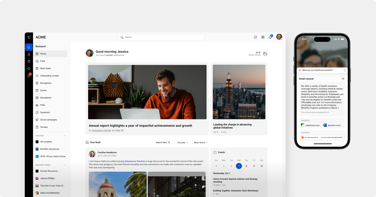 Simpplr intranet dashboard on desktop and mobile AI search