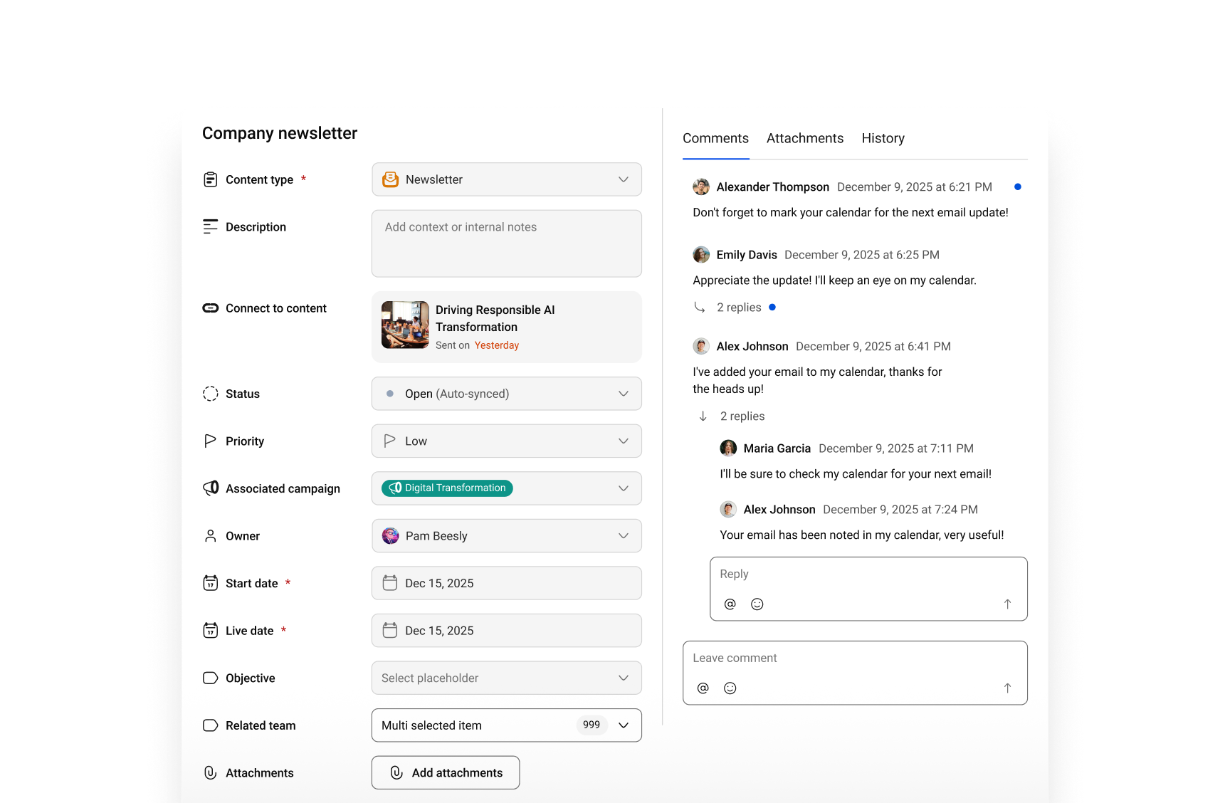 Simpplr Fall '25 Release: Newsletter campaign with content details, status, owner, live dates, and a comments panel for team collaboration and planning