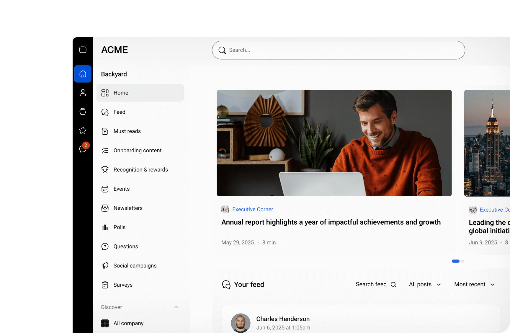 Simpplr Fall '25 Release: AI-powered intranet seamless interface showing a clean, modern layout with customizable colors and an organized left-hand menu.
